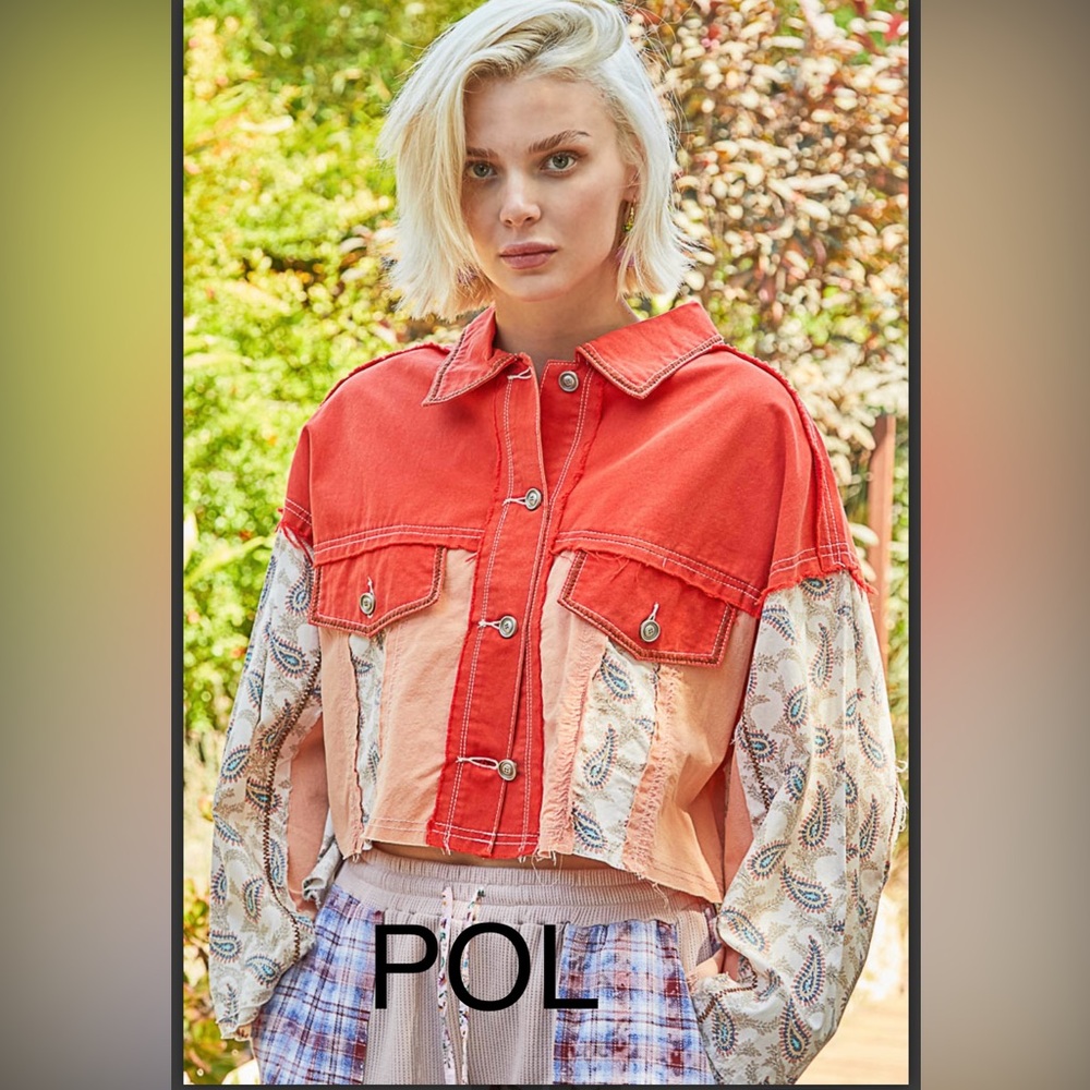 95. NWT POL Red-Orange and Cream Patchwork Jacket w/Open Back+Mixed Media - Picture 2 of 7